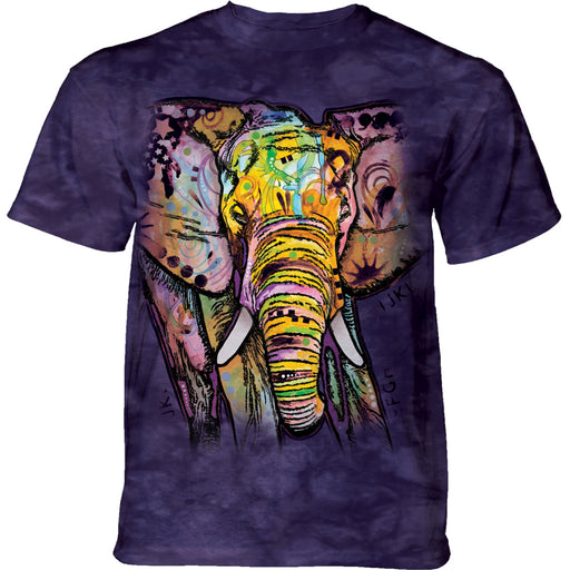 Purple mottled t-shirt with rainbow patterned elephant by Dean Russo