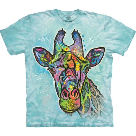 Aqual tie-dye t-shirt with a colorful giraffe design