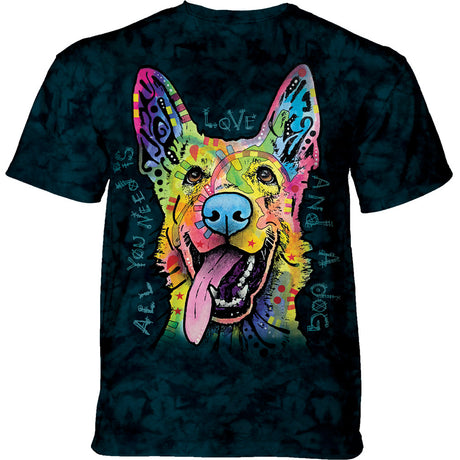 Dark mottled t-shirt with a colorful dog illustration and text that reads "All you need is love and a dog"
