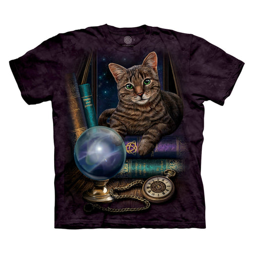 Mottled purple-black shirt with tabby cat on book stack, with green eyes. Crystal ball and pocket watch in front.