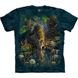 Mottled t-shirt with wolf drinking from a reflective pool in the autumn forest