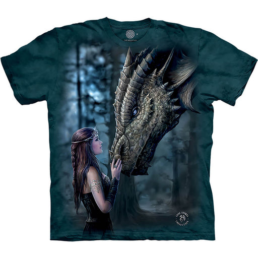Mottled dark teal shirt with dragon and brunette woman in a forest, art by Anne Stokes
