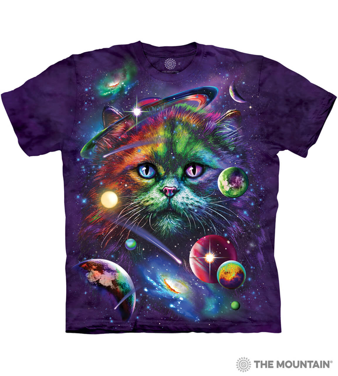 Mottled purple t-shirt with cat face in rainbow amidst planets, stars, and cosmos