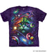 Mottled purple t-shirt with cat face in rainbow amidst planets, stars, and cosmos