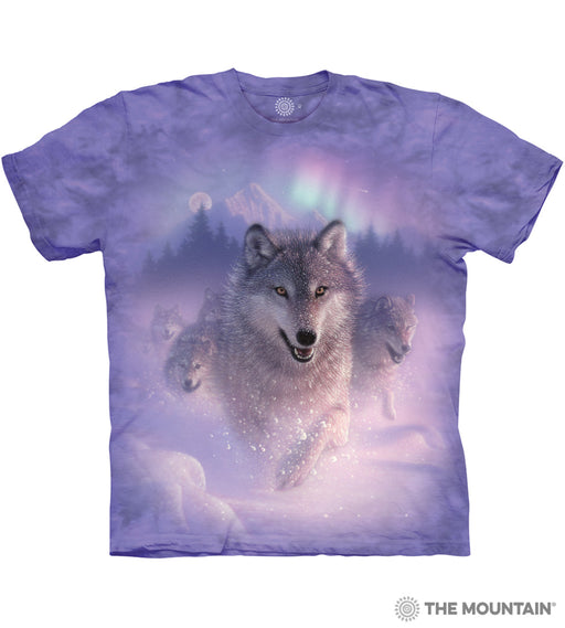 Mottled purple t-shirt with wolf pack in snow and Northern Lights
