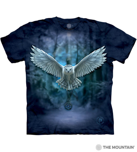 Mottled blue tee shirt with snowy owl flying through winter forest holding pentacle necklace