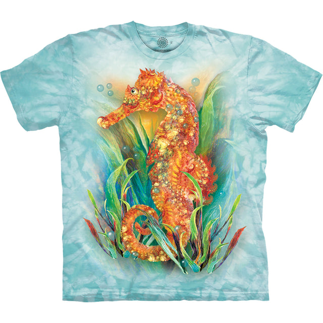 Mottled aqua blue shirt with orange seahorse in seaweed