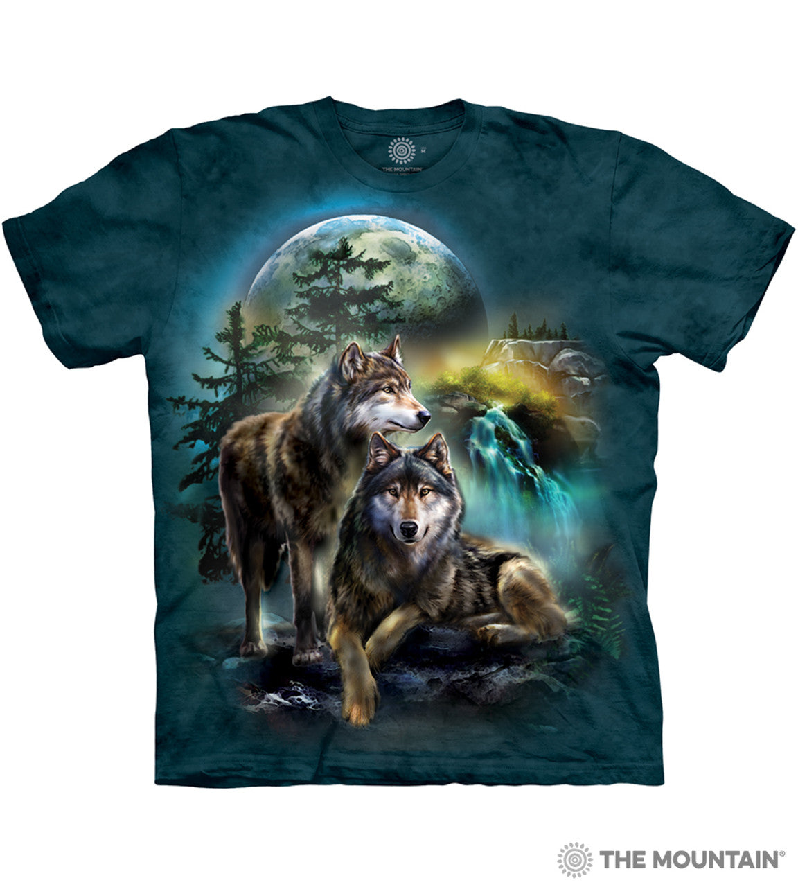 Mottled blue shirt with two wolves in front of full moon and waterfall.