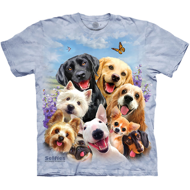 Mottled t-shirt in light blue with nine dogs of different breeds