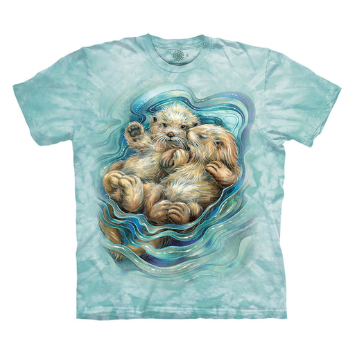 Aqua mottled t-shirt with two otters floating and holding hands, art by Jody Bergsma