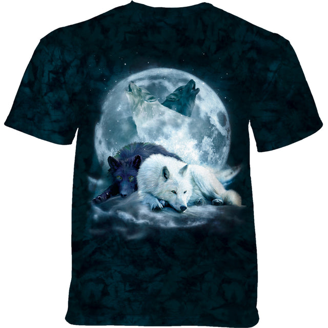 Black mottled tee with full moon and black and white wolves