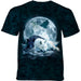 Black mottled tee with full moon and black and white wolves