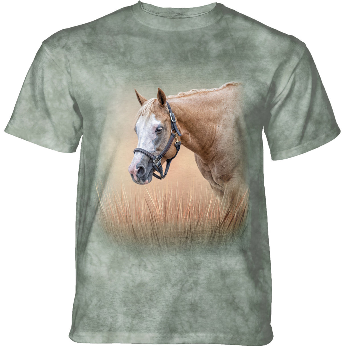 Green-gray pale mottled t-shirt with horse in field of tall grass