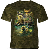 Mottled green t-shirt with lion, ocelot, cheetah, leopard, tiger in a jungle setting