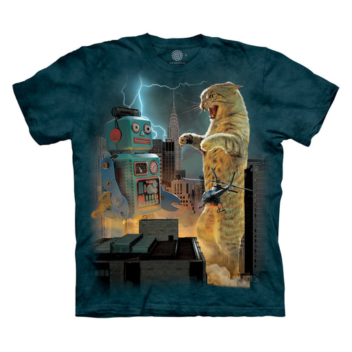 Mottled blue tee with giant cat fighting a robot in a city