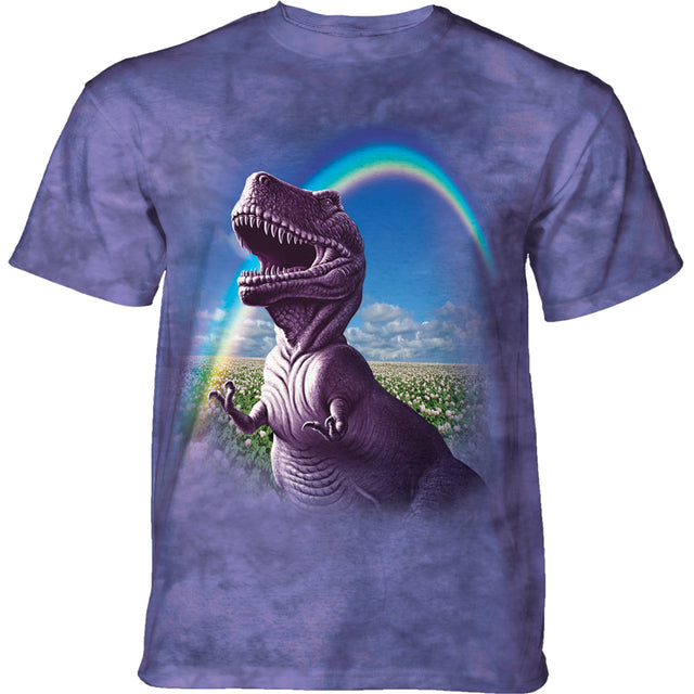 Mottled purple t-shirt with happy dinosaur T-Rex in front of a rainbow
