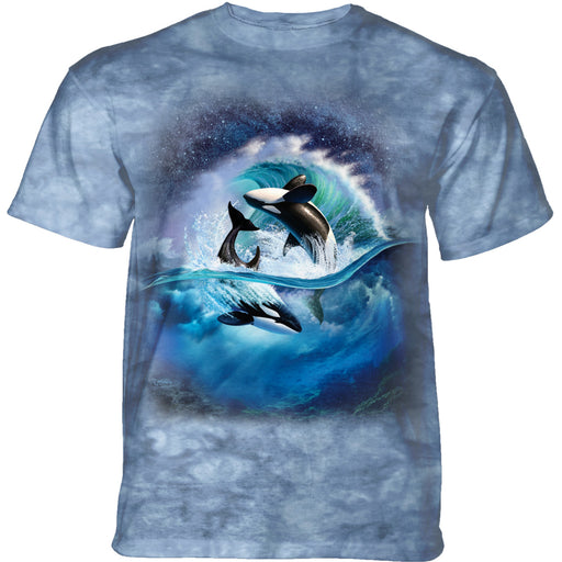 Mottled blue shirt with two orca whales diving through blue-green waves