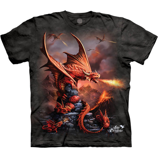 Black mottled tee shirt with red fire dragon family, eggs, hatchlings, more flying dragons breathing flame. Anne Stokes Age of Dragons logo