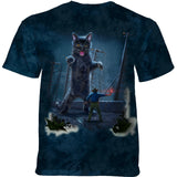 Mottled dark blue t-shirt with giant kitten facing off against man, Jurassic Park spoof