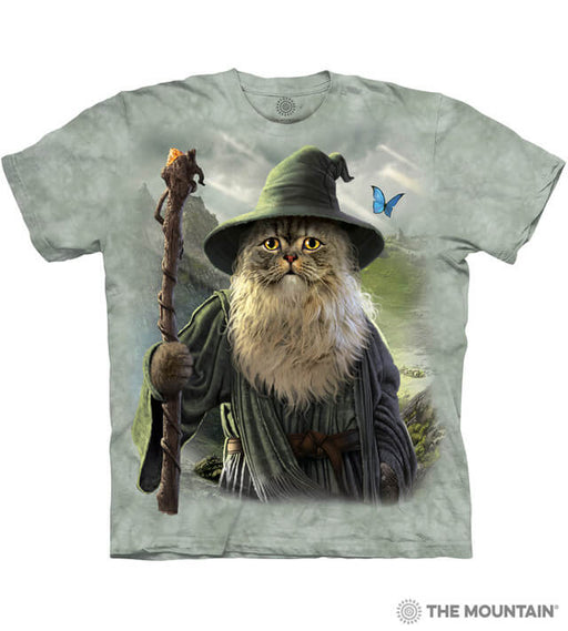 Mottled grey-green shirt with wizard cat (Catdalf, like Gandalf)