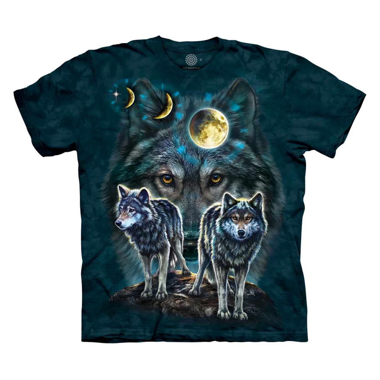 Mottled t-shirt with wolves, moonphases, and north star