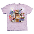 Pale pink shirt with four cats in flowerpots with flowers and butterflies