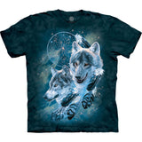 T-shirt with two wolves and a dreamcatcher design on a dark blue background