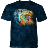T-shirt with a colorful horse design on a blue tie-dye background