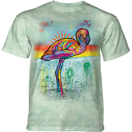 Mottled green t-shirt with colorful rainbow flamingo by Dean Russo