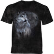 Black mottled t-shirt with wolf in front of full moon