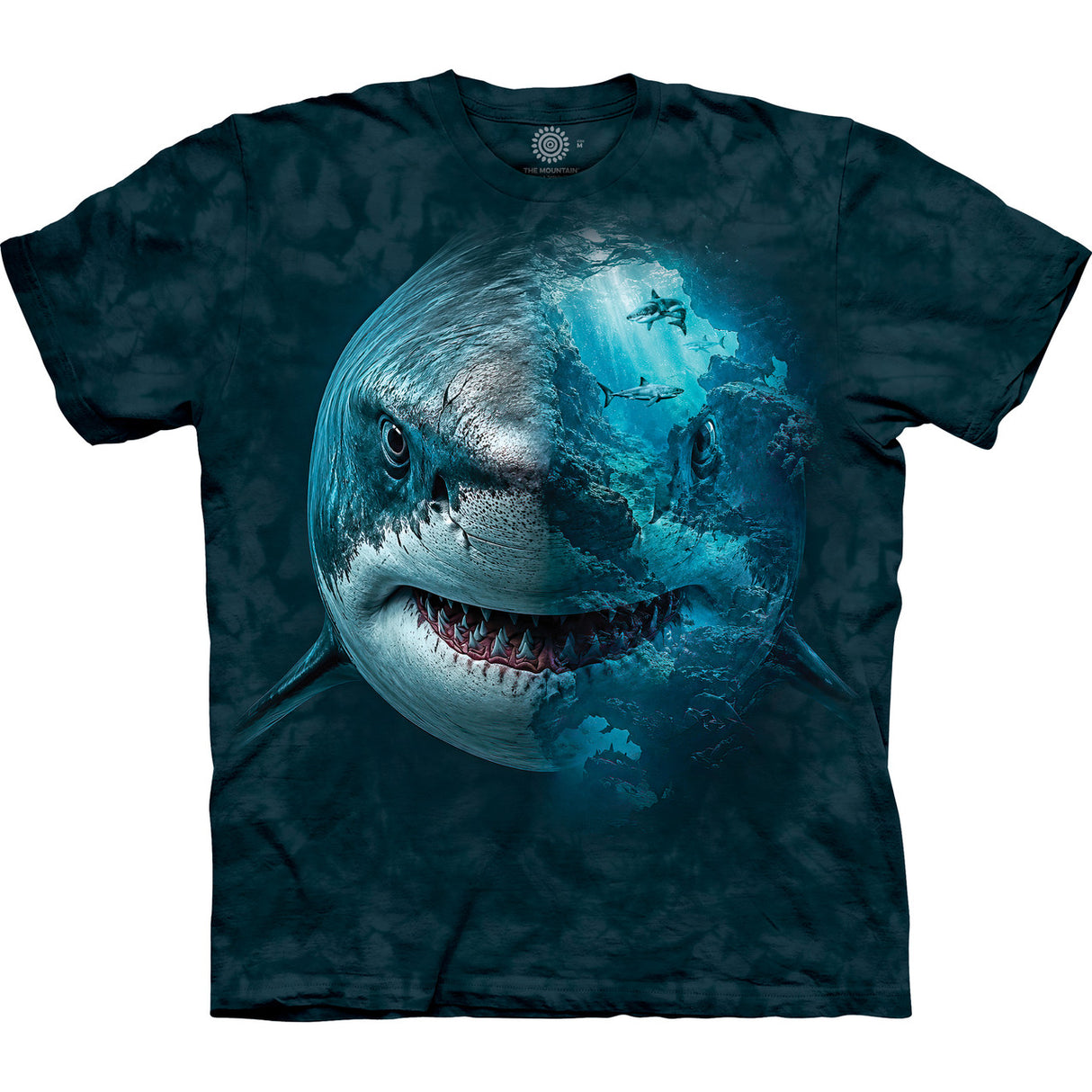 A short-sleeve crewneck t-shirt featuring a large graphic print of a shark's face on the front, with one side showing the shark and the other side showing an underwater scene. The t-shirt itself has a dark teal and black tie-dye pattern.