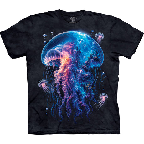 A black short-sleeve t-shirt featuring a large, vibrant graphic print of a glowing jellyfish in shades of blue, purple, and pink, with smaller jellyfish around it.