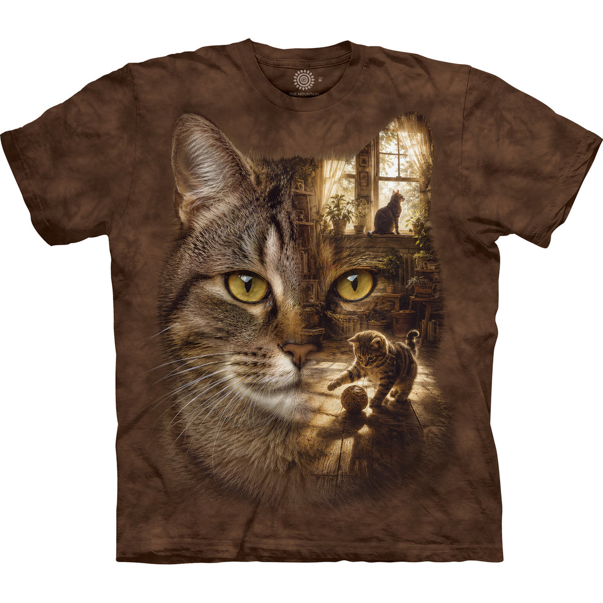 A brown tie-dye short-sleeve t-shirt featuring a large graphic print of a tabby cat's face with a warm window scene and a kitten in the background.