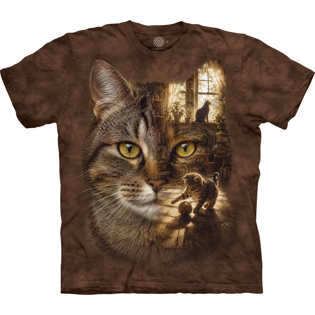 A brown tie-dye short-sleeve t-shirt featuring a large graphic print of a tabby cat's face with a warm window scene and a kitten in the background.