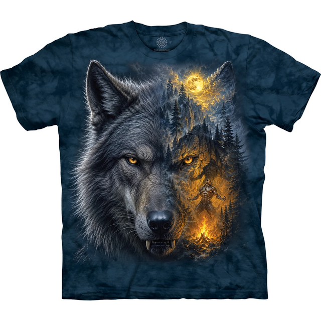 Blue tie dye t-shirt with wolf head, half of it is a scene of werewolf transforming in a full moon forest by a campfire