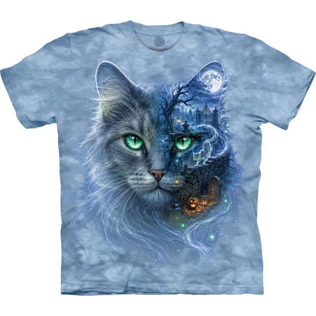 Blue tie dye tee with ghostly cat with green eyes and scene of full moon graveyard with phantom feline