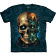 T-shirt, blue tie dye with design of skeleton face and spooky Grim Reaper castle scene with full moon