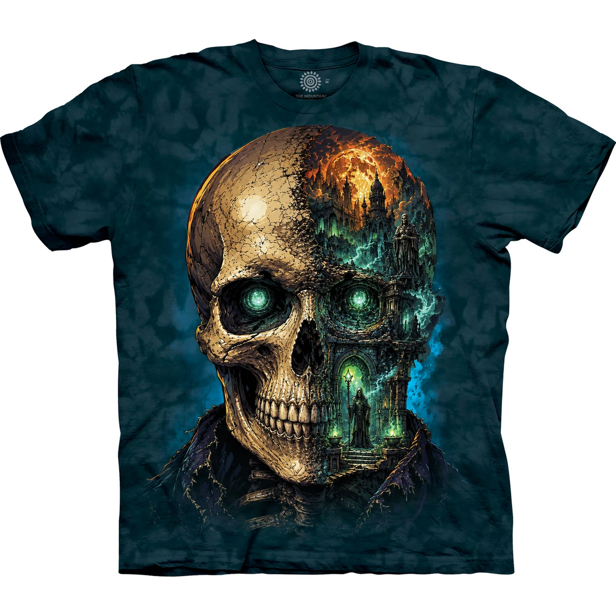 T-shirt, blue tie dye with design of skeleton face and spooky Grim Reaper castle scene with full moon