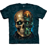 T-shirt, blue tie dye with design of skeleton face and spooky Grim Reaper castle scene with full moon