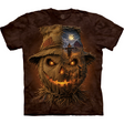 Brown tie dye t-shirt with Scarecrow face and spooky farm scene
