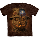 Brown tie dye t-shirt with Scarecrow face and spooky farm scene