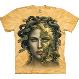 Yellow tie dye t-shirt with Medusa head design, green eyes, snake hair, and a scene of ancient ruins
