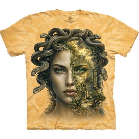 Yellow tie dye t-shirt with Medusa head design, green eyes, snake hair, and a scene of ancient ruins