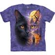 Purple tie dye tshirt with black cat face, half is a scene of autumn leaves, spooky castle, jack o lantern and cat
