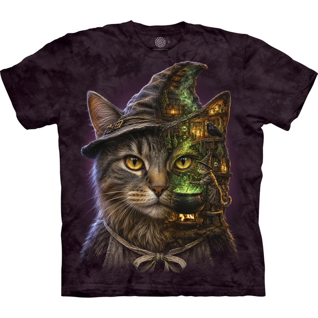 T-shirt with witch tabby cat and cauldron scene, dark purple-black tie dye background
