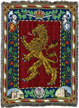 Tapestry blanket with a gold lion emblem on a red background, surrounded by heraldic elements.