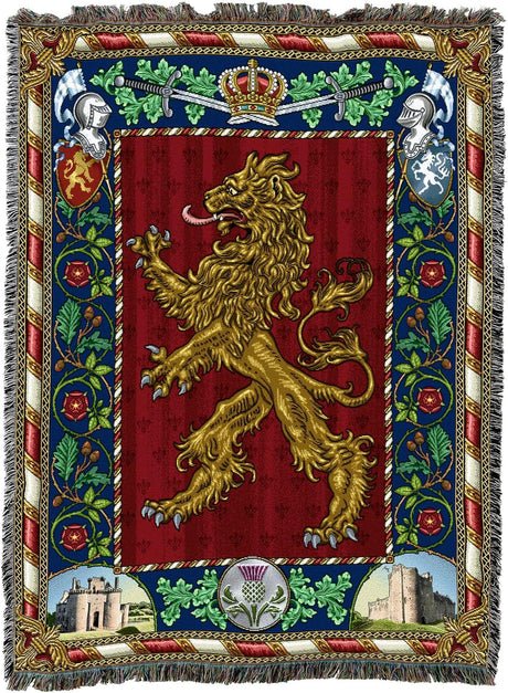 Tapestry blanket with a gold lion emblem on a red background, surrounded by heraldic elements.