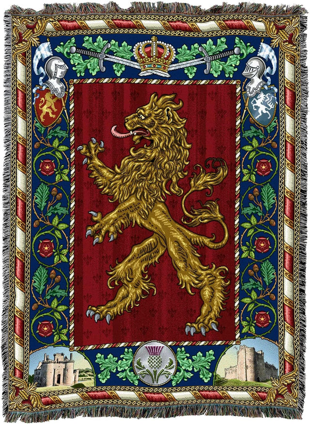 Tapestry blanket with a gold lion emblem on a red background, surrounded by heraldic elements.