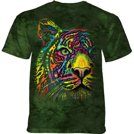 Dark green mottled t-shirt with rainbow patterned tiger face, green eye, by Dean Russo