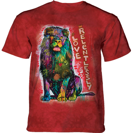 Red mottled t-shirt with rainbow patterned lion by Dean Russo, phrase "Love Relentlessly"